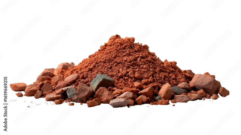 Red Soil Pile: A close-up of a pile of red soil, showcasing its rich color and texture, with rocks around, emphasizing the earth's raw beauty and the natural elements. Red Soil Pile: A close-up of a pile of red soil, showcasing its rich color and texture, with rocks around, emphasizing the earth's raw beauty and the natural elements.