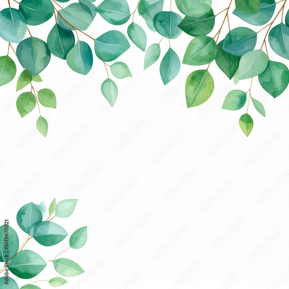 Obraz premium Watercolor Eucalyptus Leaves Branches in Green Decorative Design on White Background