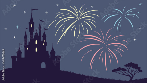 Fairytale Castle Silhouette at Night with Pastel Fireworks Display: Magical, Whimsical, Festive Illustration for Children's Books, Cards, and Celebrations.