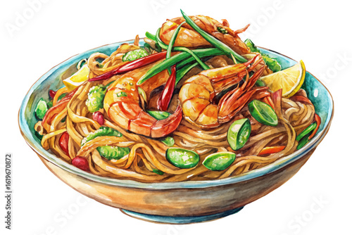 Vector illustration of a delicious shrimp Pad Thai dish served in a clean white bowl. Tasty Thai cuisine with noodles, shrimp, and garnish in banner format