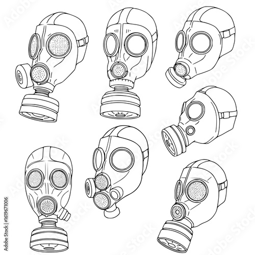 Gas mask collection ready for protection and safety
