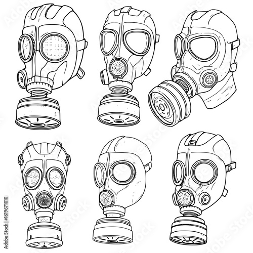 Six distinct gas mask illustrations for protection