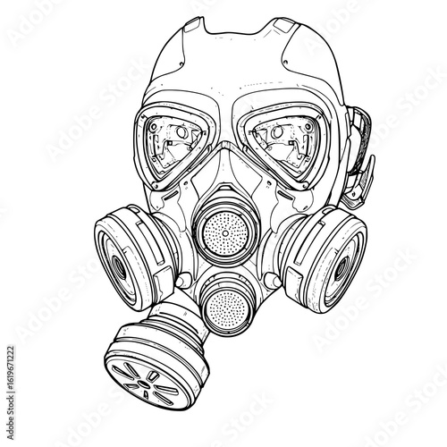 Sci-fi gas mask design detailed blueprint style
