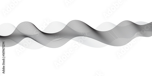 Elegant abstract black and white wave pattern with smooth flowing curves and transparent gradient layers. Minimalist motion background design for modern technology or creative digital art.