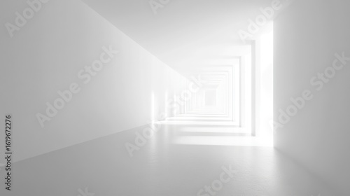 Empty white corridor perspective, bright light, architectural design, modern, minimalist, spacious, endless, tunnel, geometric, clean, smooth, light, reflection, illumination, perspective view.