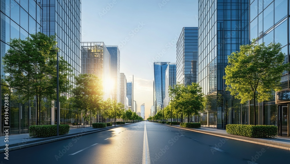 Naklejka premium Empty city street, modern buildings, sunrise