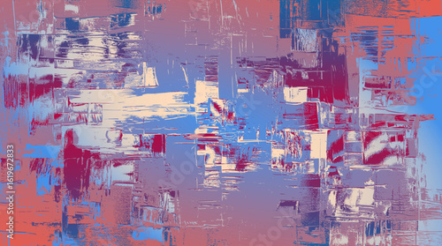 Blurred reflections, misty, moody mix of violet, white, steel blue, and muted red with smudged brush texture and a reflective feel