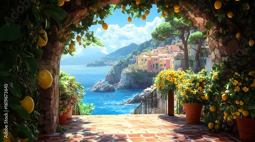 Beautiful view of the amalfi coast from a terrace with lemon trees