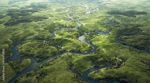 Aerial view of a lush green landscape with a meandering river system