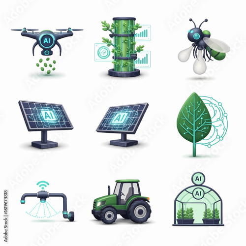 Smart farming and agritech icon set illustrating the future of agriculture with AI, drones, robotics, and renewable energy.