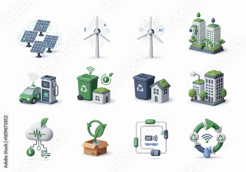 Set of 3D isometric icons for green energy and sustainable technology. Illustrations of solar panels, wind turbines, electric cars, and smart recycling for eco concepts.