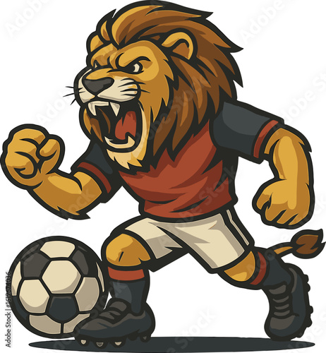 Roaring lion mascot in football kit ready to kick off with fierce expression and power, 