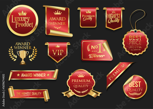 Golden luxury labels and badges gold premium quality certificate ribbons stock illustration 