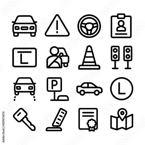 Simple Outline Driving School Element Icon Set and Learning System