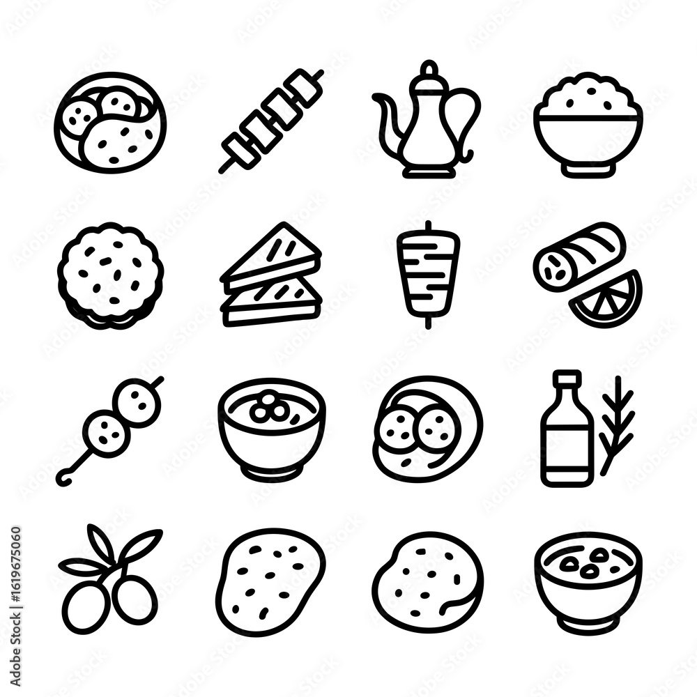 Simple Outline Food and Drink Collection with Different Kind of Dishes Icon