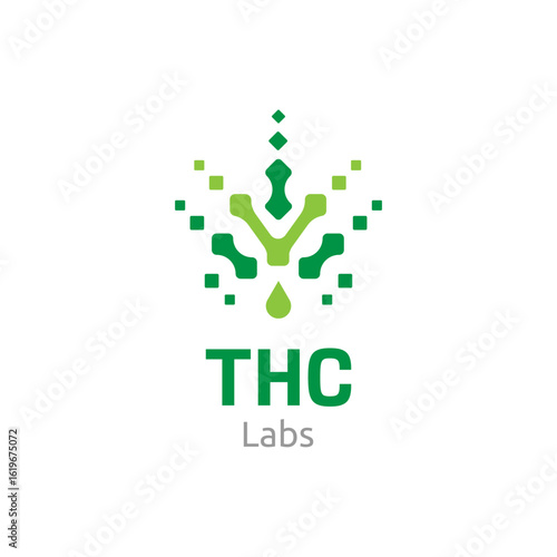 Abstract cannabis leaf icon with oil drop symbolizing THC extract, cannabis research, medical wellness and biotech identity. Ideal for labs and health branding.