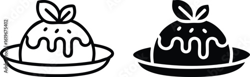 Pudding Dessert Icon Set – Vector Sweet Food with Leaf and Drizzle in Black and White