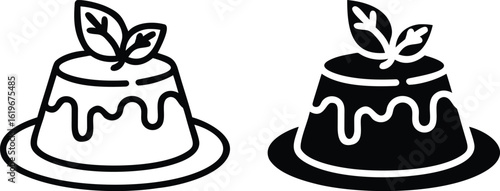 Pudding Dessert Icon Set – Vector Sweet Treat with Leaf Topping in Black and White
