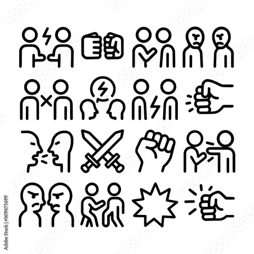 Minimalist Linear Style Conflict Icon Set of Various Aggressive Actions