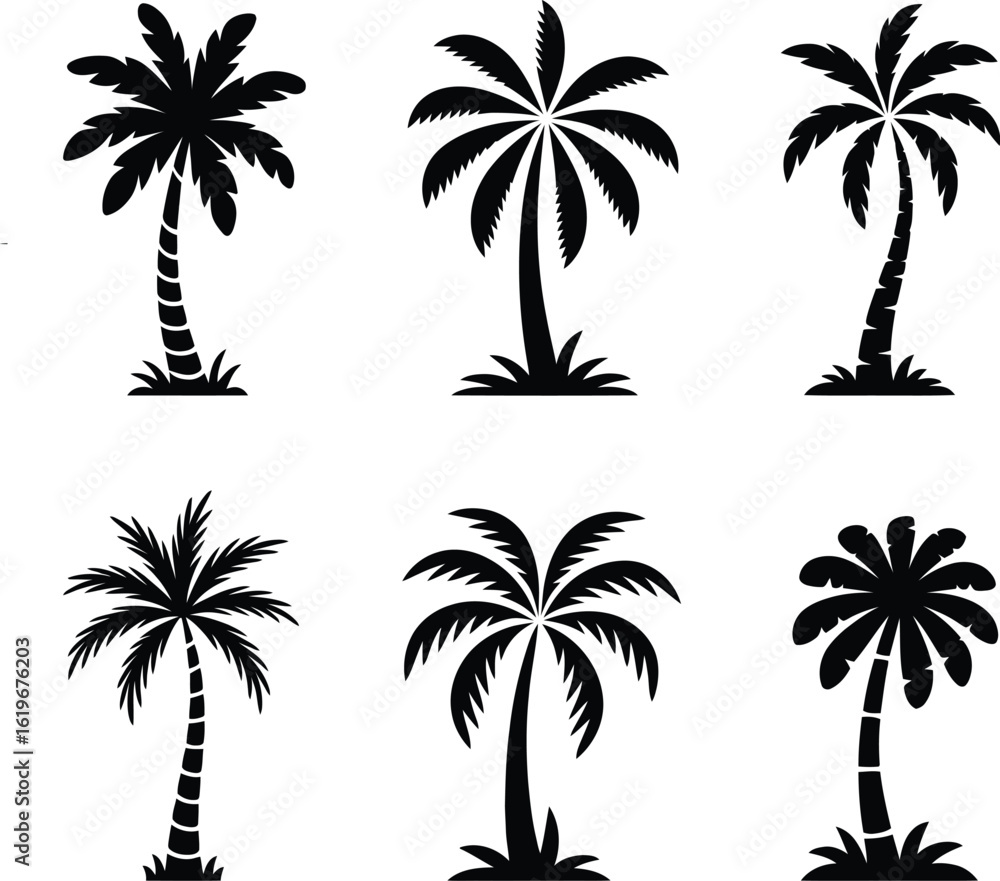 Fototapeta premium Collection of stylized black palm tree silhouettes for tropical themes