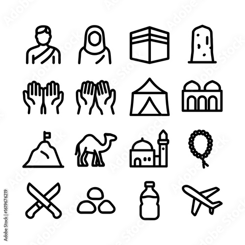 Minimalist Outline Hajj Pilgrimage Elements and Symbol Isolated Icon Set