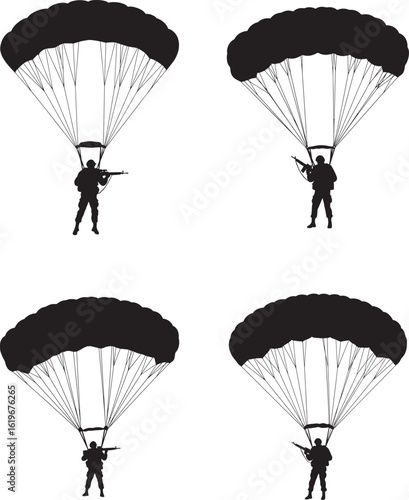 Four parachutists descending in a grid silhouette