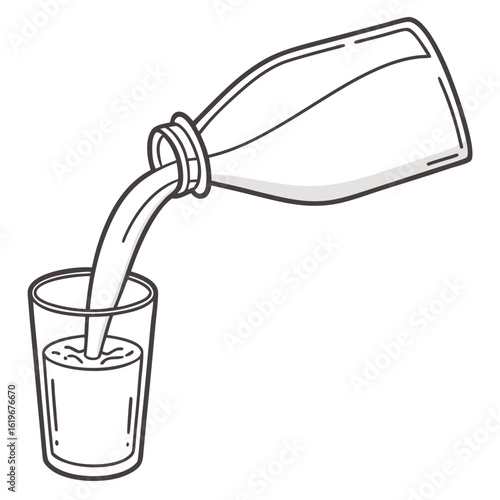 Simple black and white illustration of milk being poured from a bottle into a clear glass