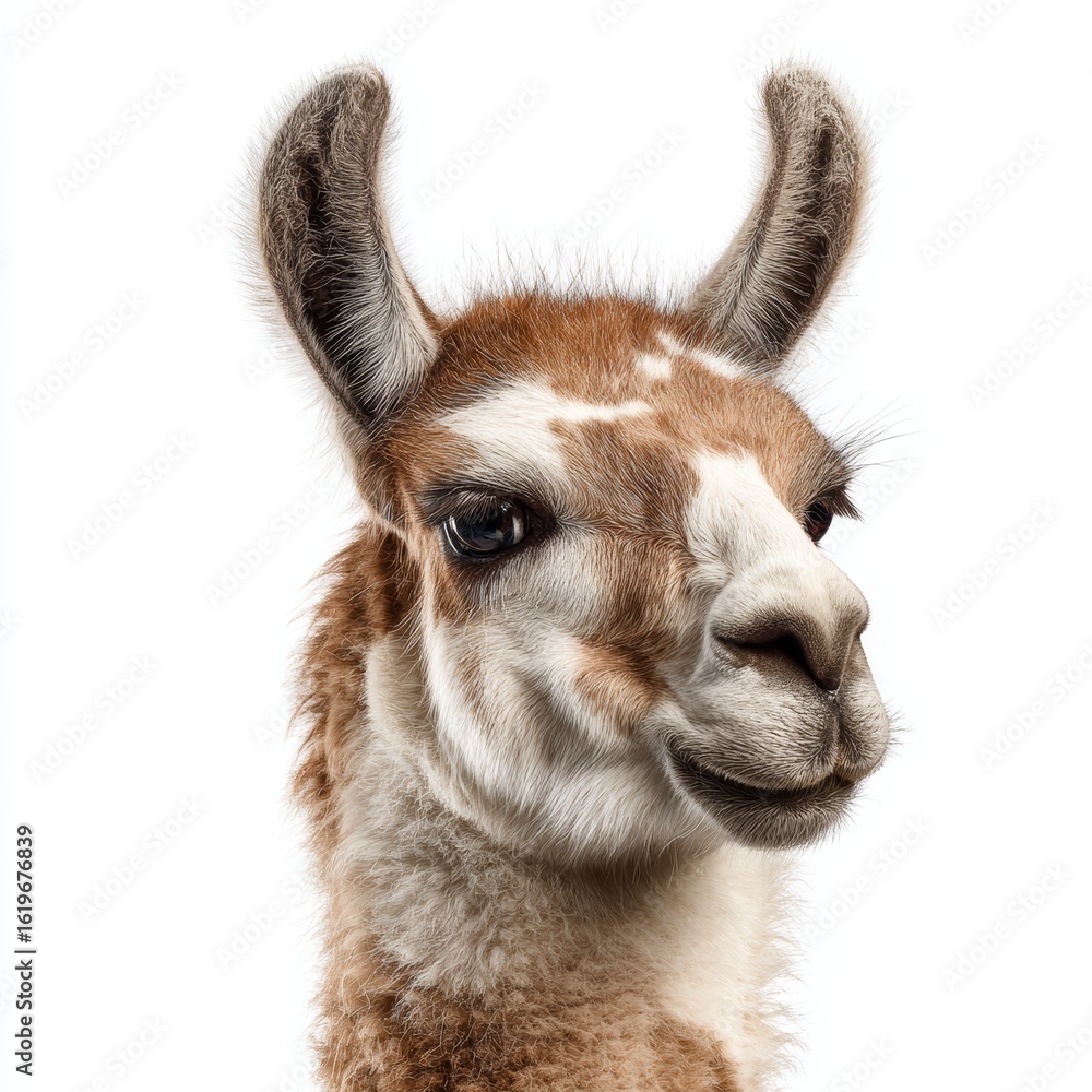 Fototapeta premium A close-up portrait of a llama with a serene expression, showcasing its unique facial features