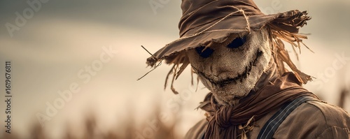 Sinister scarecrow on a haunted cornfield during a Halloween festival