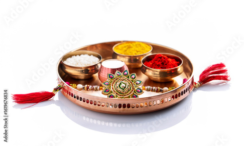 Set of rakhi with kumkum and sweet in thali, raksha bandhan concept

