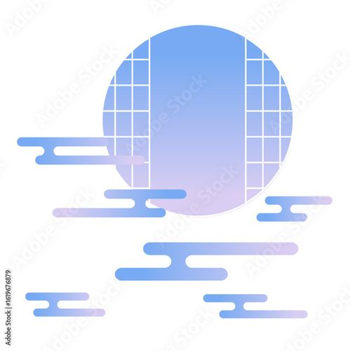 エ霞がかかった丸窓の背景イラスト　和風　装飾