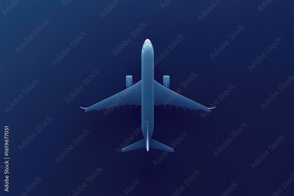 Fototapeta premium Overhead view of a stylized airplane. Dark-blue backdrop. Clean lines