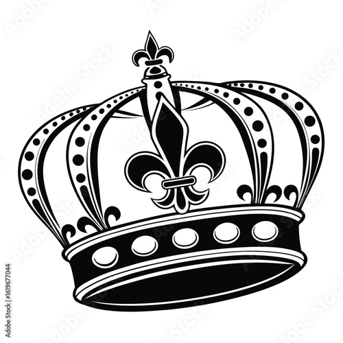 Black and white vector graphic of a regal crown with fleur de lis royal king