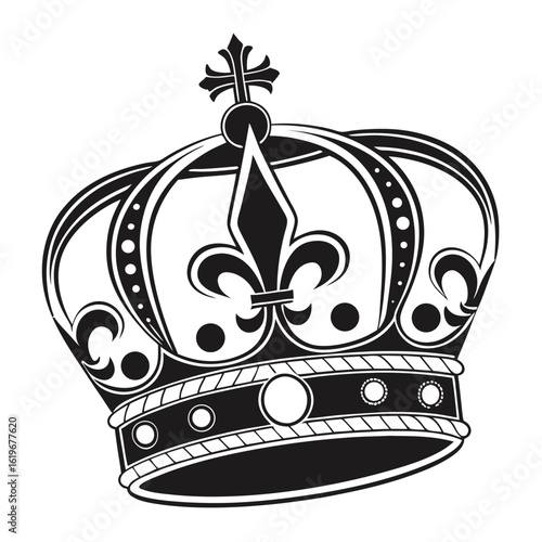 Black and white vector graphic of a detailed royal crown with fleur de lis king queen