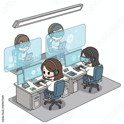 Team of professionals working in a futuristic office environment using virtual reality headsets and holographic interfaces.