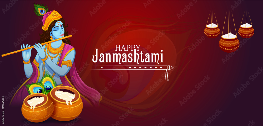 Naklejka premium Lord Krishna Indian God Janmashtami festival holiday