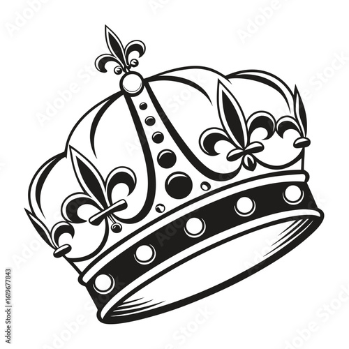 Black and white vector graphic of a regal ornate crown with fleur de lis royal monarchy