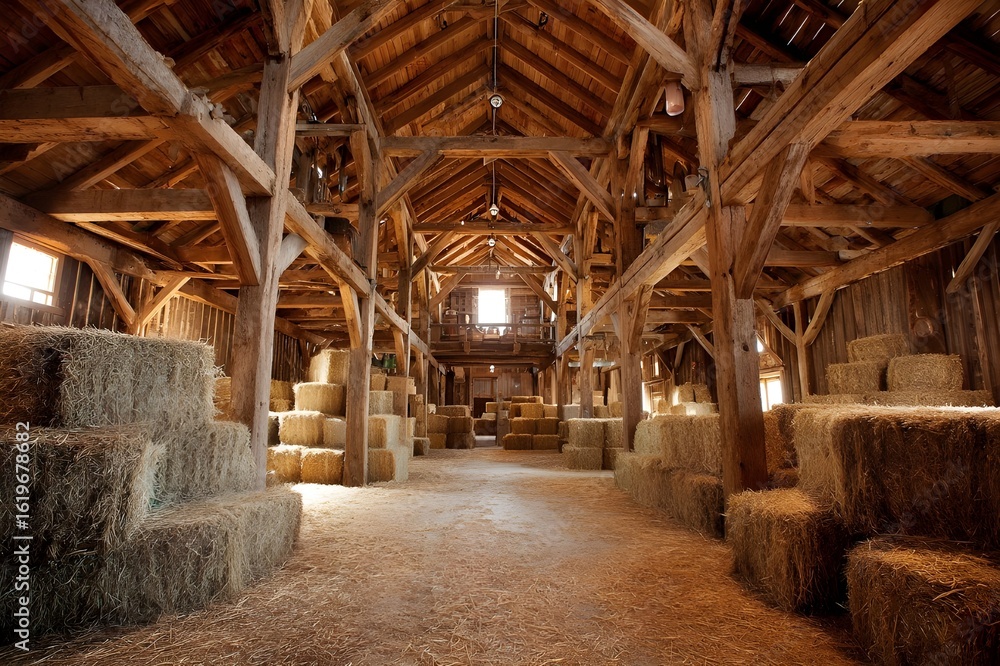 Fototapeta premium Explore Rustic Barn Interior with Hay Bales for Classic Agricultural Design and Natural Farmhouse Aesthetic