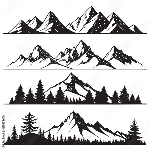 Collection of four black and white mountain range and forest silhouette designs mountains nature