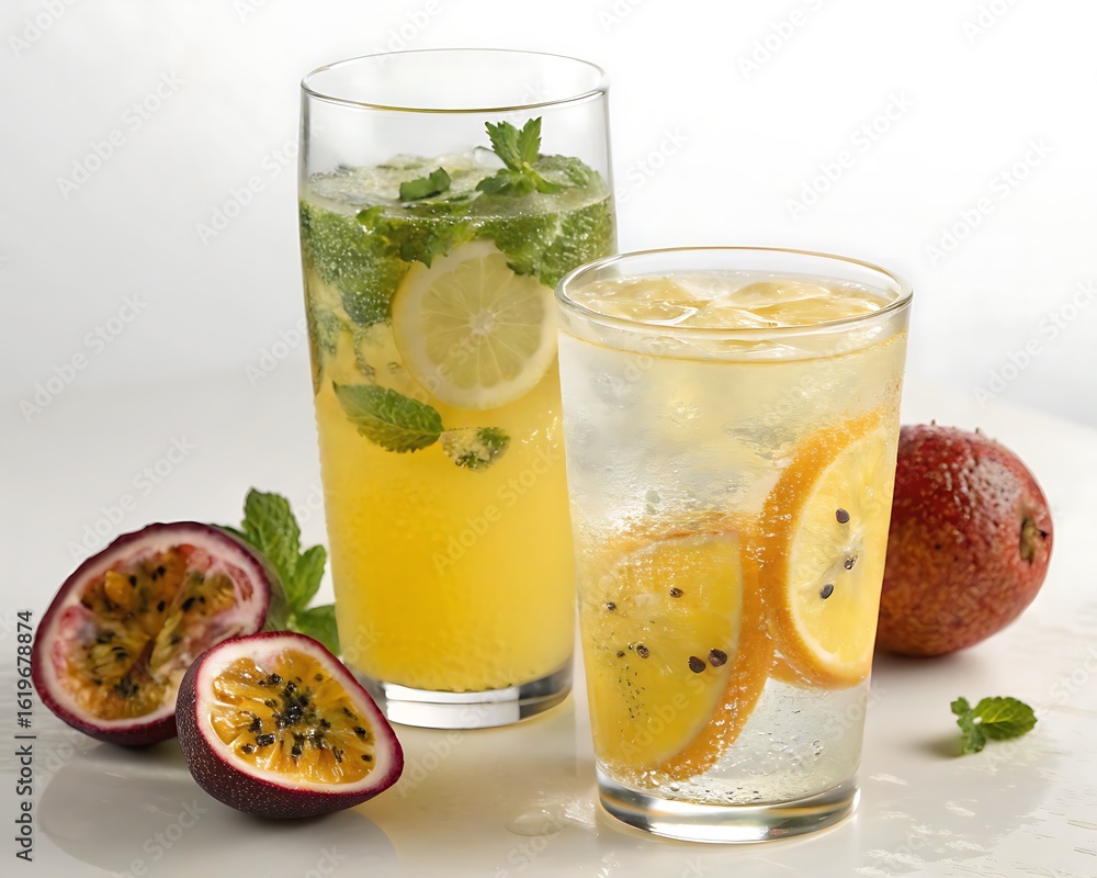 Fototapeta premium Tall clear glasses with slices of lemon, kiwi, and passion fruit
