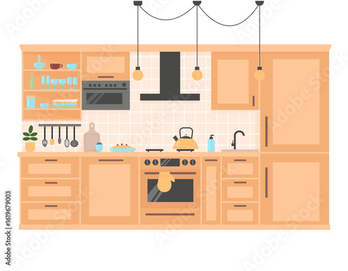 Kitchen furniture with utensils and built-in appliances. Hot pie and tea pot. Cute cartoon interior in simple flat style.