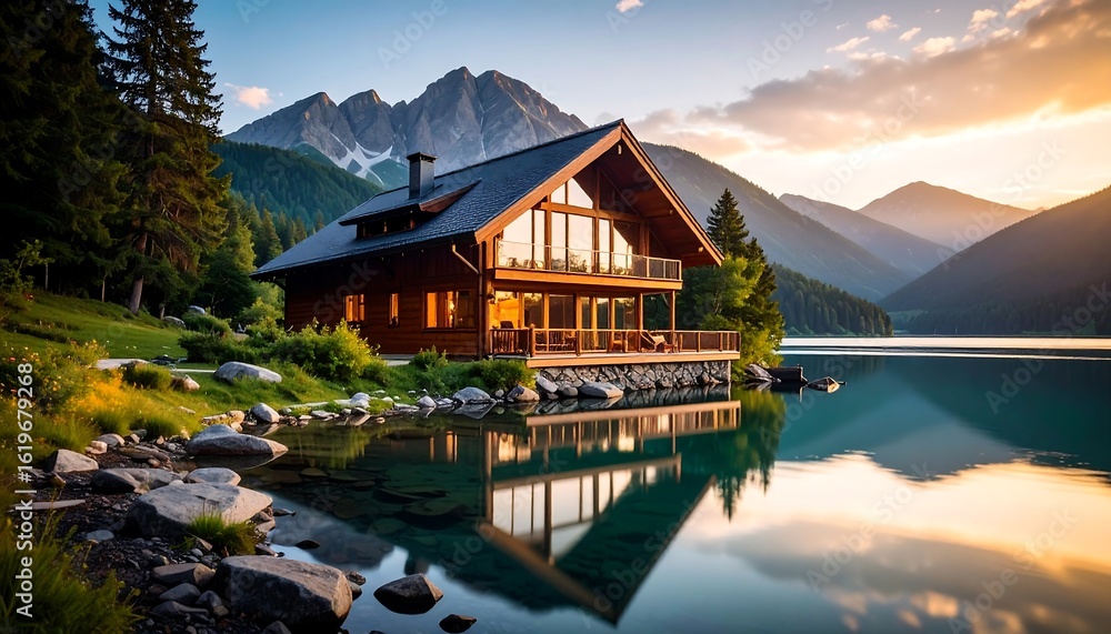 Naklejka premium Lakeside cabin at sunset