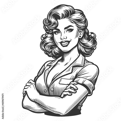 smiling woman with classic curls, wearing a collared shirt and standing with arms crossed sketch engraving generative ai fictional character vector illustration. Scratch board. Black and white image.