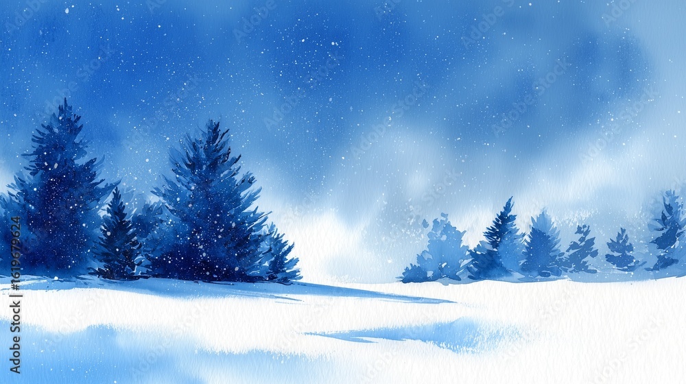 Fototapeta premium 冬の木々と雪のイメージ、水彩画