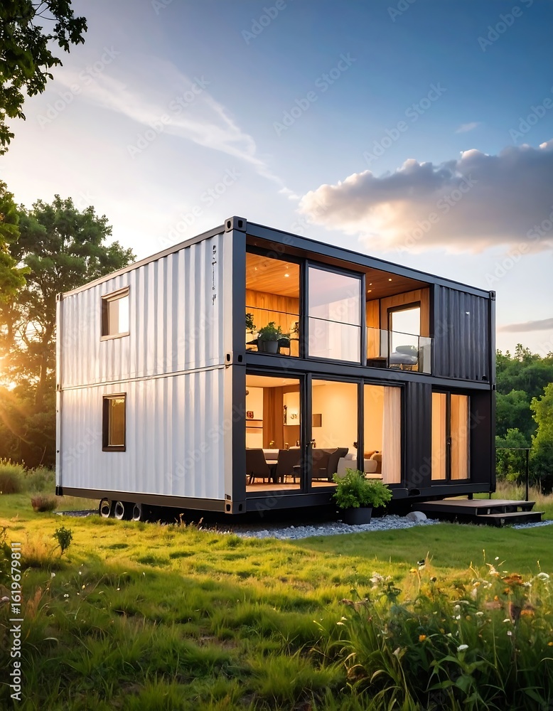 Obraz premium Modern container home at sunset