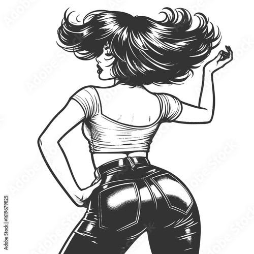 confident woman with voluminous hair, seen from behind in tight pants and a cropped top, striking a dynamic pose sketch engraving generative ai fictional character vector illustration. Scratch board. 