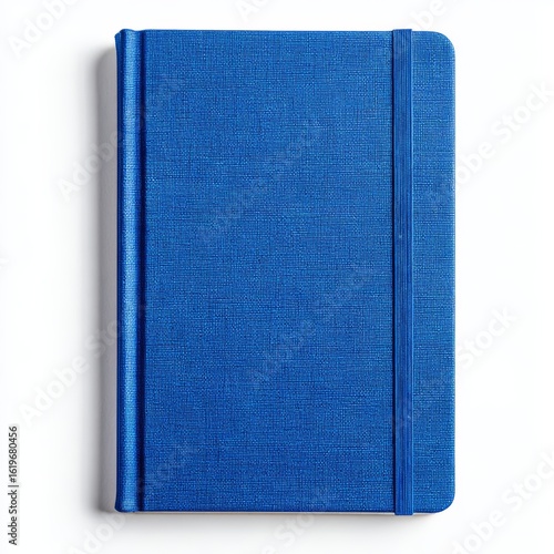 A closed blue notebook with an elastic band