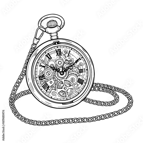 Vintage pocket watch with intricate gears and chain