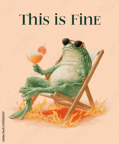 A relaxed frog in sunglasses lounging on a deck chair, holding a cocktail, surrounded by flames, with the text “This Is Fine” below, symbolizing humor, irony, and chill attitude amid chaos.