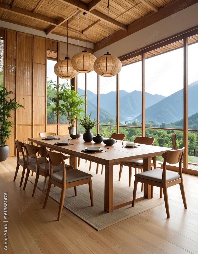 Obraz premium Modern dining room with mountain view
